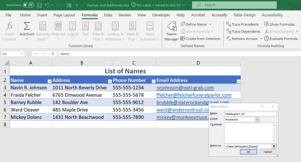 a screenshot of an excel workbook, showing the Define Name dialogue box to set a title region for row and column headers