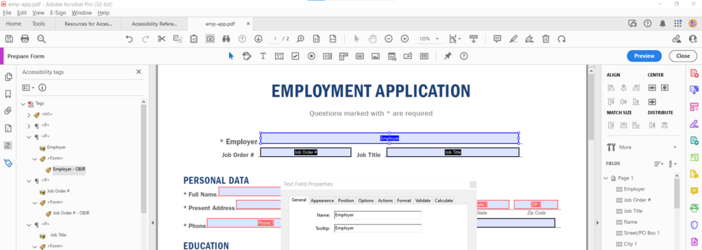 Screenshot showing a sample form: Application for Employment, in Acrobat Pro. The tags panel and form field properties dialogue box is displayed showing the name and tooltip for a field labeled "Employer"